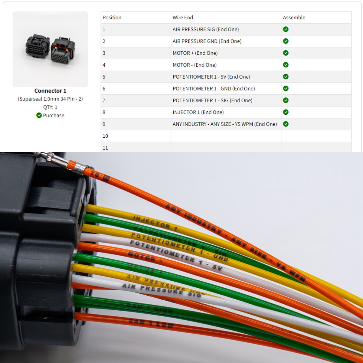 Superseal Connector with Pin Connectors for Air Pressure, Motor, Potentiometer, and Injector